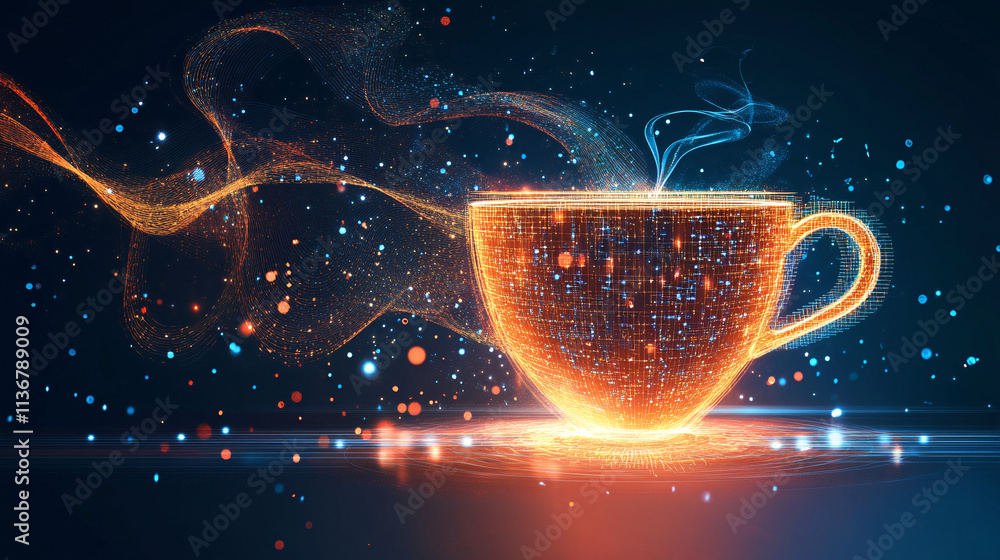 Poster a cyber coffee cup icon with floating data streams representing online cafe services, real-time coff