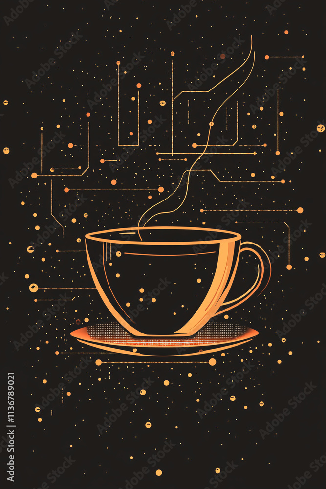 Poster a cyber coffee cup icon with floating data streams representing online cafe services, real-time coff