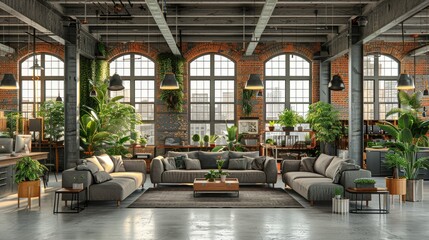 Fototapeta premium A modern, plant-filled lounge area with cozy sofas and large windows.