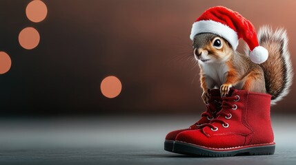 Cute squirrel wearing Santa hat sits in festive red Christmas boot with space for text