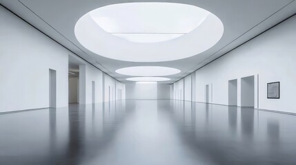 Empty white hall with circular skylights.