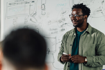 Software developer explaining project to colleagues in meeting room