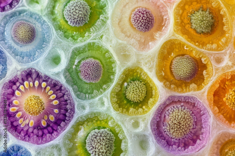 Poster macro view of colorful pollen grains showcasing diverse textures and patterns found in nature