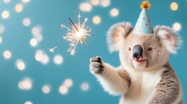 Happy koala celebrates with a sparkler and festive hat on a colorful background for a joyful birthday occasion