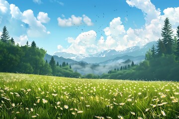 summer landscape with meadow, trees and blue sky with clouds