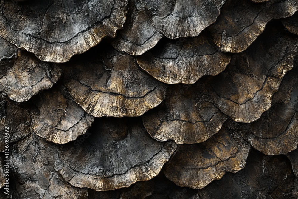 Aufkleber exploring intricate textures of mushroom gills in dark hues and natural patterns