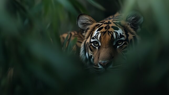 A majestic tiger peers through lush greenery, highlighting its striking face and intense gaze, showcasing the beauty of wildlife.