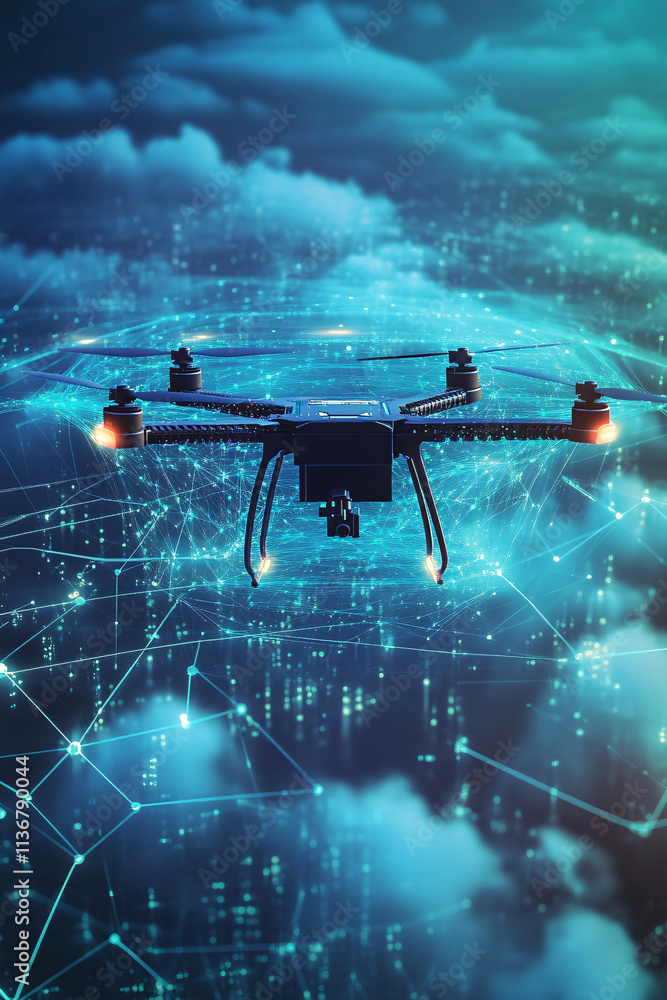 Poster a cyber drone icon flying through data clouds, representing online delivery systems, real-time logis