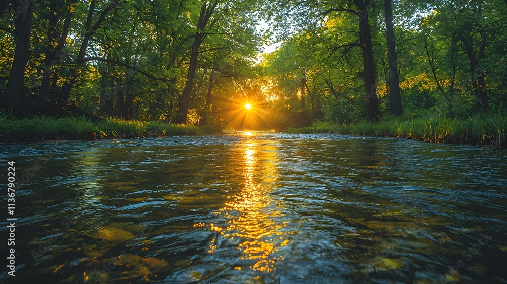 Poster serene sunrise over calm river surrounded by lush green trees creating a tranquil atmosphere in natu
