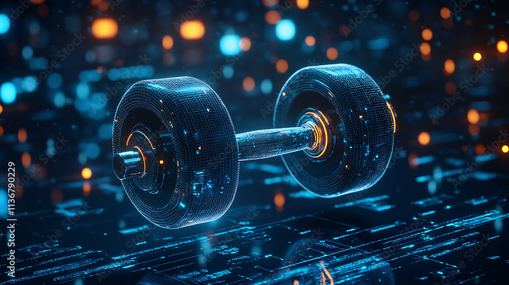 Poster a cyber dumbbell icon floating above health metrics and data streams, representing online fitness co