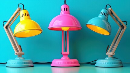 Colorful desk lamps with adjustable arms illuminating workspace, ideal for office, study, creative projects, modern design, vibrant background, bright lighting, productivity atmosphere, trendy colors