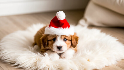 fluffy puppy  wearing a red Santa hat