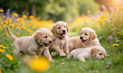 Adorable Golden Retriever Puppies Playing in a Flower Meadow
