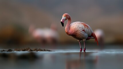 A graceful pink flamingo stands elegantly in shallow water, showcasing its vibrant feathers amidst a serene natural setting.