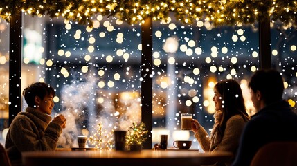 Obraz premium Friends enjoying hot drinks in a cozy cafe with snowfall and festive lights outside the window 