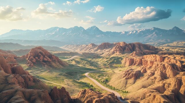 A winding road cuts through a breathtaking landscape of red rock formations and snow-capped mountains under a vibrant sky. The scene evokes a sense of adventure and the beauty of nature.