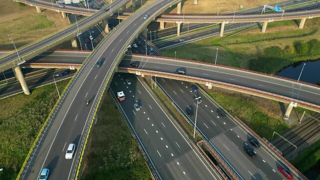 Slowly ascending footage of a cloverleaf interchange highway, The Haque, Holland.