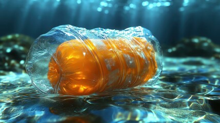 Underwater plastic bottle pollution floating in ocean water environment, environmental awareness, marine conservation, nature protection, blue water background, harmful waste effect, ecological probl
