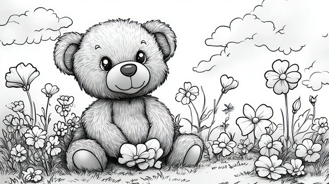 Adorable teddy bear sitting amidst blooming flowers in a whimsical garden.