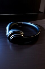 Stylish Black Headphones on a Dark Wooden Surface with Soft Lighting