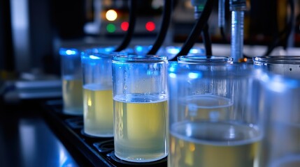 Glowing Glasses of Liquid on a Dark Bar Counter