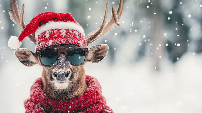 Frohe Weihnachten Urlaub Winter Gru&szlig;karte mit deutschem Text - Cooles Rentier Hirsch mit Weihnachtsmannm&uuml;tze und Sonnenbrille, isoliert auf weissem Hintergrund