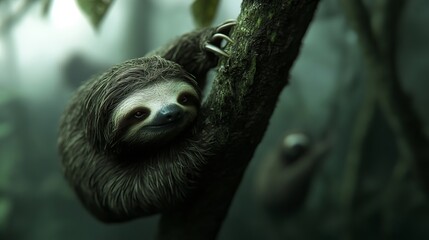 Obraz premium A cute sloth hanging on a tree branch in a lush, green rainforest, showcasing its charming expression and textured fur.