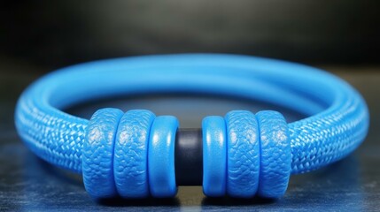 Close-up of blue flexible braided rubber hose with black plastic connectors lying on reflective surface, suitable for industrial, plumbing, or mechanical use, modern and durable design, vibrant color