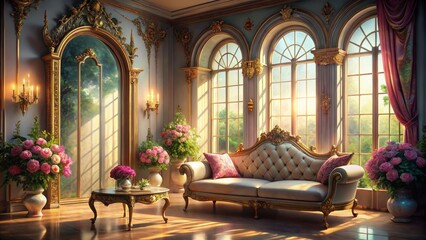 Sunlit Rococo Room Interior Design, Gold Accents, Floral Arrangements, Luxury Palace. Rococo, Interior Design, Palace