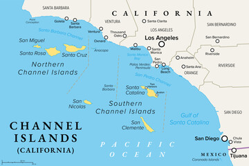 Obraz premium Channel Islands of California, political map. Eight-island archipelago in the Pacific, southwest of Los Angeles metropolitan area, administered by the counties Santa Barbara, Ventura and Los Angeles.