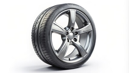 Obraz premium Side View Alloy Wheel with Tire Composition, 3D Render, Automotive Design, Car Part Car tire, Alloy wheel, 3D rendering