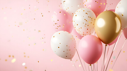 A birthday celebration mockup featuring pink and white balloons, confetti