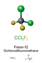 Freon-12, Dichlorodifluoromethane, R-12, molecule model and chemical formula. Chlorofluorocarbon halomethane, CFC, used as refrigerant and aerosol spray propellant. Banned due to ozone layer damaging.