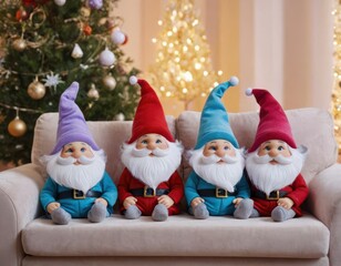 New Year's toys gnomes on a sled, New Year's mood, Christmas spirit.