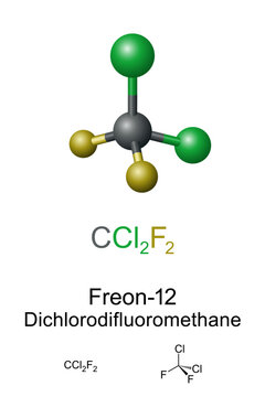 Freon-12, Dichlorodifluoromethane, R-12, molecule model and chemical formula. Chlorofluorocarbon halomethane, CFC, used as refrigerant and aerosol spray propellant. Banned due to ozone layer damaging.