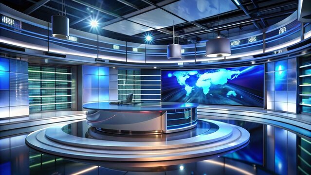 News Studio Design Circular Desk, World Map LED, Blue Hues, News Set Design, Broadcast Studio, Virtual Set Newsroom, Television