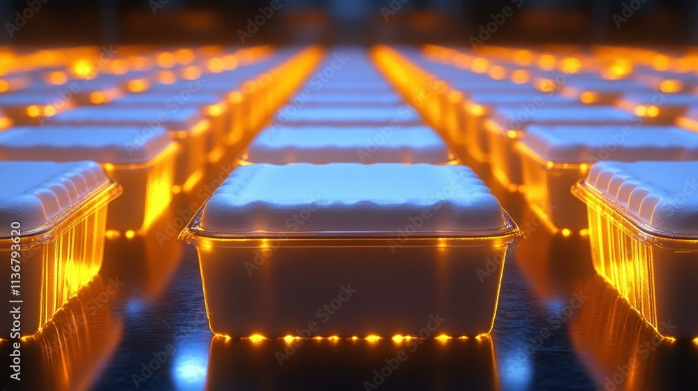 Poster rows of glowing orange led light modules arranged in symmetrical pattern on reflective surface for t