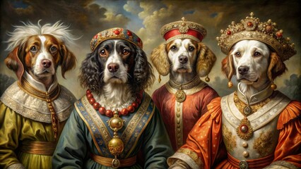 Four Canine Monarchs Oil on Canvas, Royal Dog Portraits, Baroque Style, Pet Art ,dog portrait, royal pet, baroque painting