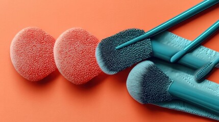Close-up of coral heart-shaped makeup sponges and blue cosmetic brushes lying on pastel surface for beauty routine, skincare, makeup application, feminine style, wellness, and self-care concept backg