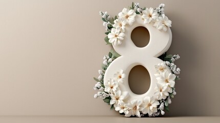 Elegant 3D letter 8 adorned with spring flowers on a soft beige backdrop showcases intricate floral details and natural beauty