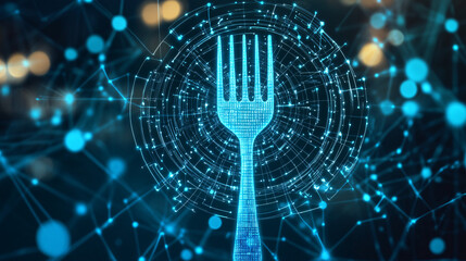 A cyber fork icon floating above interactive food menus, symbolizing online food tech, digital ordering systems, and restaurant management. 