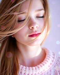 Fototapeta premium Serene Close-Up Portrait of a Young Woman with Flowing Hair and Soft Lighting