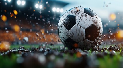 Naklejka premium Soccer ball in action on the field during an intense match in a stadium setting with vibrant atmosphere and detailed focus
