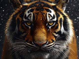 Obraz premium Majestic Close-Up of a Tiger's Face Displaying Intense Expression Amidst a Snowy Environment with Dramatic Lighting and Textured Fur Details