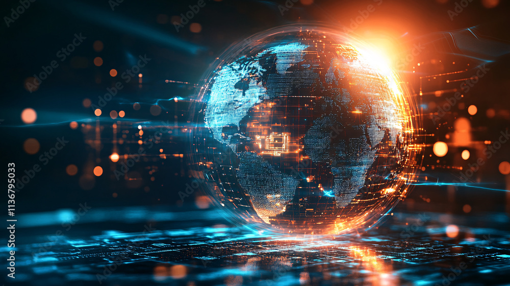 Poster a cyber globe icon glowing with communication data, symbolizing online collaboration tools, global n