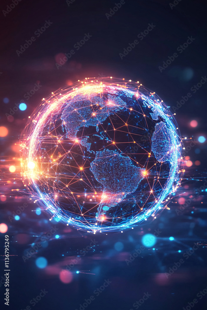 Poster a cyber globe icon glowing with communication data, symbolizing online collaboration tools, global n
