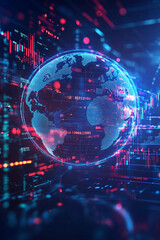 Fototapeta premium A cyber globe icon glowing with economic data streams, symbolizing global finance platforms, online trading, and international business analytics. 