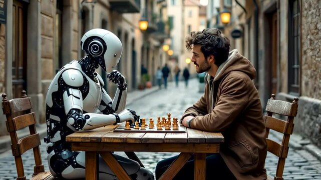 Humanoid robot playing chess with a human on a classic wooden table