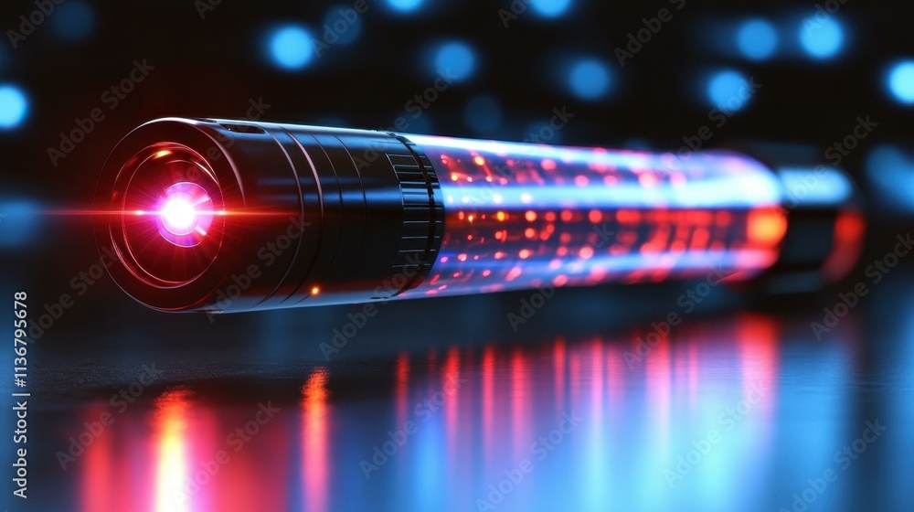 Aufkleber futuristic glowing laser pointer with red beam light emitting in dark reflective surface for technol