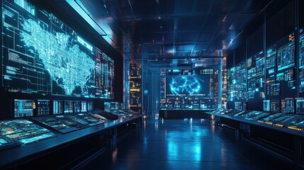 Futuristic Data Center with Glowing Interfaces and Displays